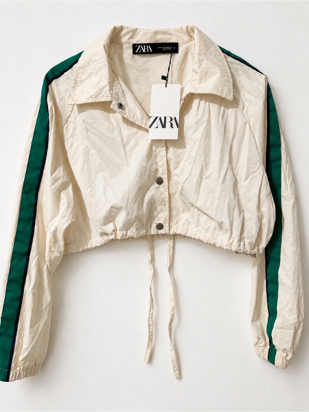 ZARA Cropped Windbreaker Jacket Green Stripe Size M NWT
